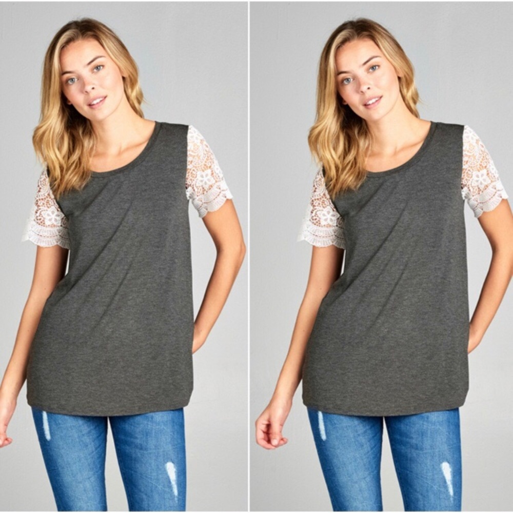 Charcoal Lace Sleeve Tee